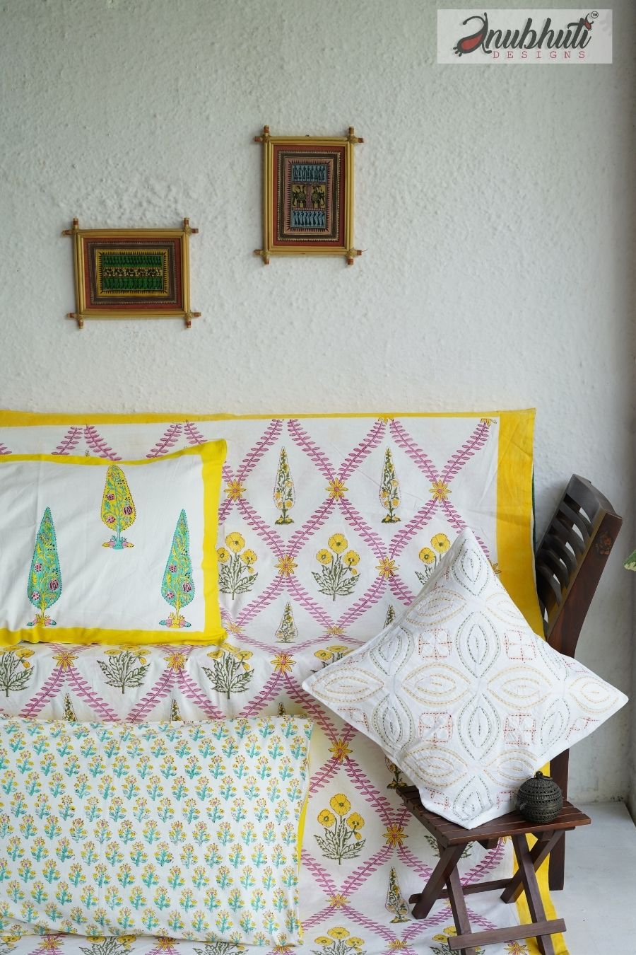 Hand Block Printed Bedcover With Applique Cushion